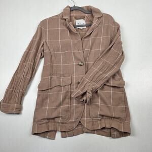 Madewell Blazer Womens XS Brown Windowpane Linen Blend Jacket Lightweight Casual